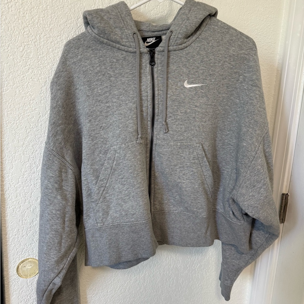 Nike Gray Boxy Cropped Jacket with Full Zipper and Hood